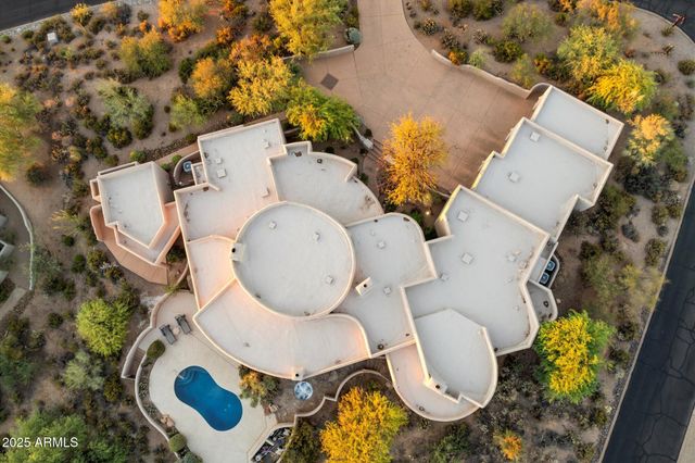 aerial view of a backyard with fountain and large tree