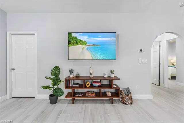 a living room with furniture and a potted plant