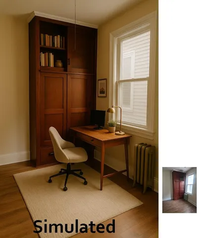 a living room with a table and a window