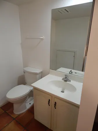 a bathroom with a sink toilet and mirror