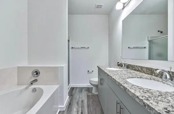 a bathroom with a granite countertop sink a toilet and bathtub