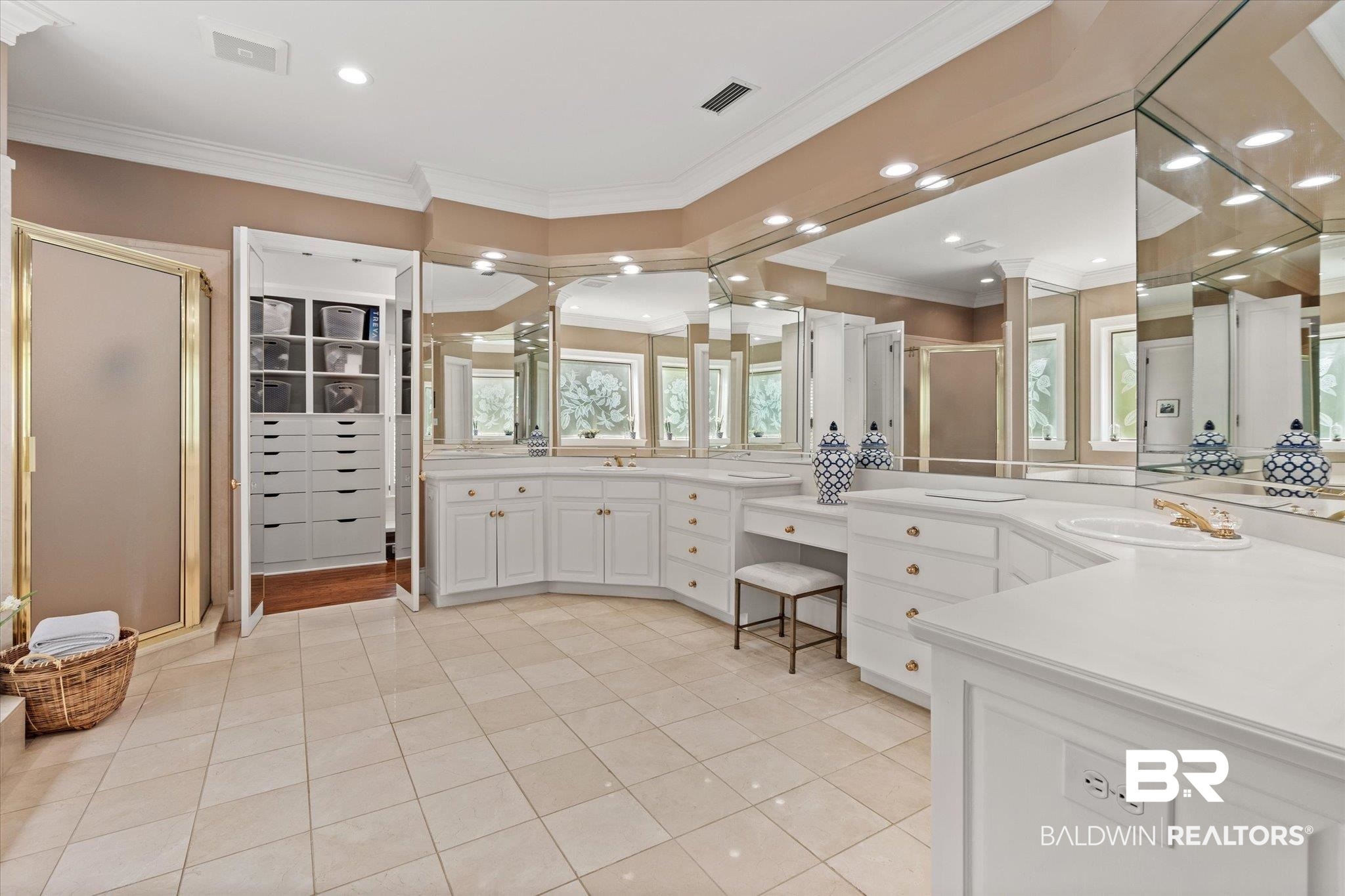 8561 Dawes Lake Road Mobile, AL 36619 - Photo 17 of 63 Bathroom with a stall shower, crown molding, vanity, tile patterned flooring, and recessed lighting