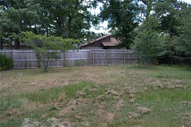 a view of a backyard with a small cabin and a chair