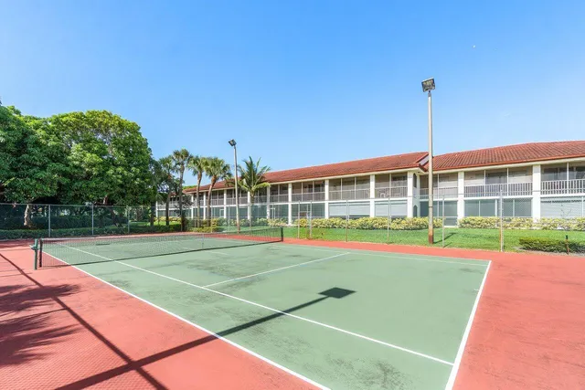 a view of a tennis ground with large trees