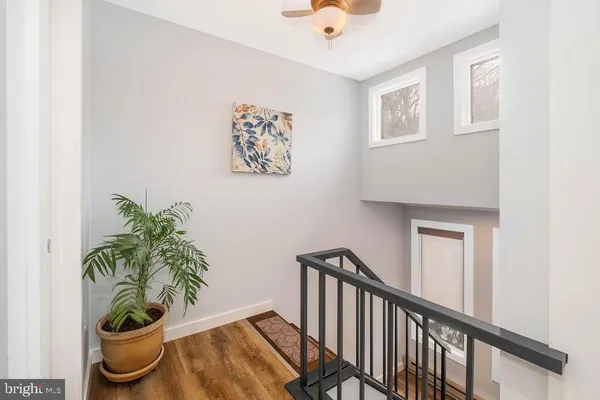 a view of a hallway with wooden floor and a potted plant