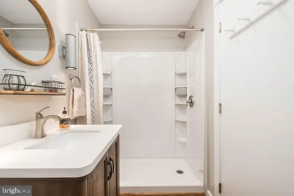 a bathroom with a sink a mirror and a shower