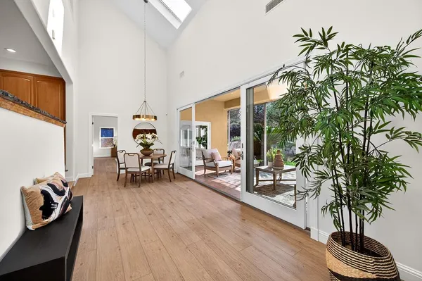 a living room with furniture and a potted plant