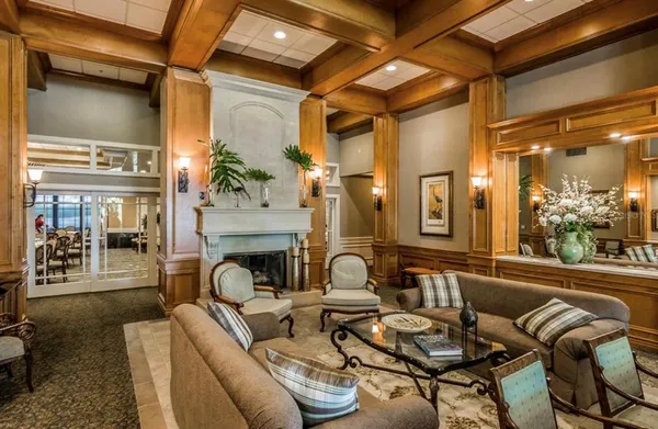 a view of a floor with a view of a building in the background