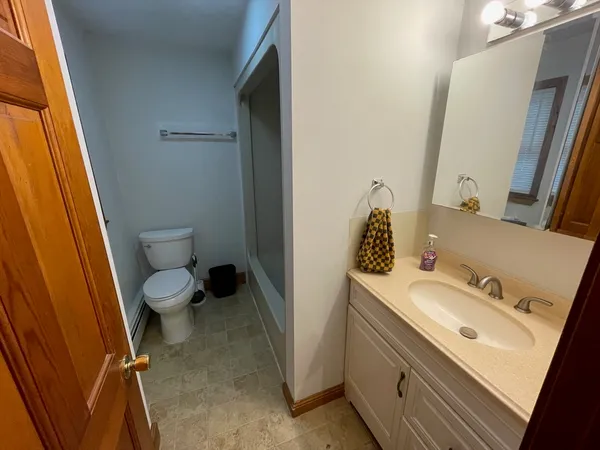 a bathroom with a sink a toilet and mirror
