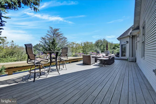a view of a patio with table and chairs potted plants and a large tree