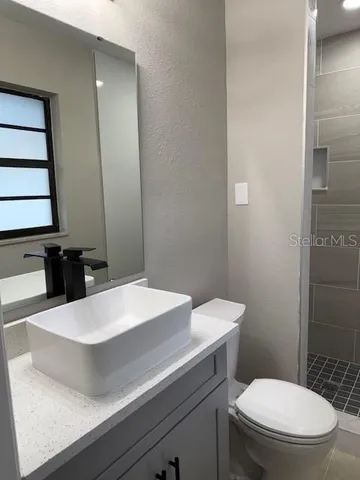 a bathroom with a sink a toilet and mirror