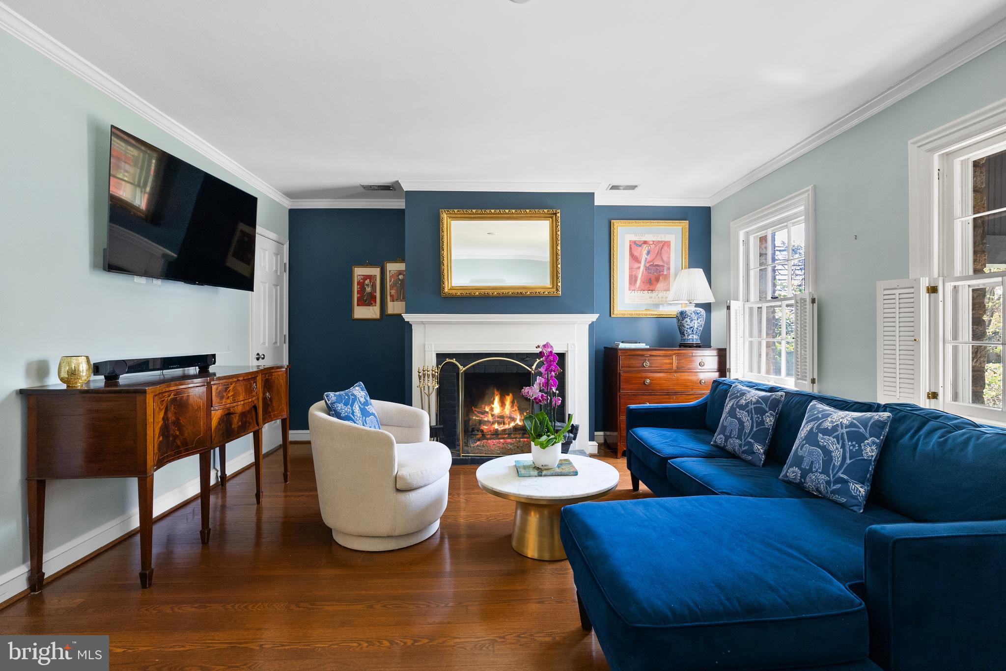 1511 44th Street Northwest Washington, DC 20007 - Photo 5 of 37 a living room with furniture a flat screen tv and a fireplace