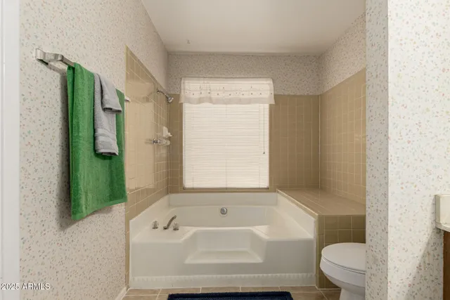 a bathroom with a tub a toilet and a shower