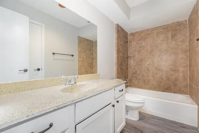 a bathroom with a granite countertop sink a toilet and shower
