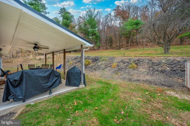 a view of a house with a yard and large trees