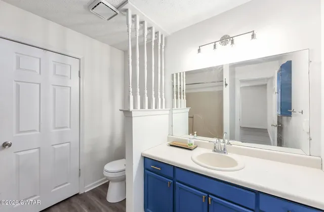 a bathroom with a toilet a sink and mirror