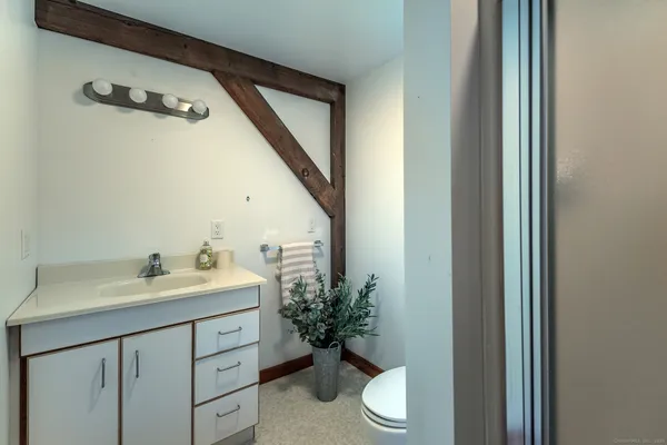 a bathroom with a sink a toilet and a mirror