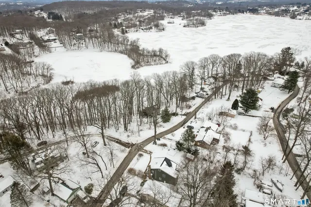 a view of a yard with trees and buildings in the background
