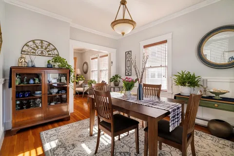 a view of a dining room with furniture
