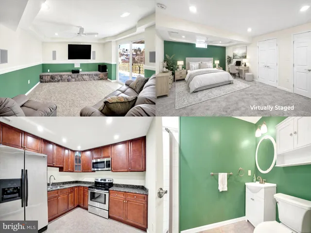 a living room with stainless steel appliances kitchen island furniture and a flat screen tv