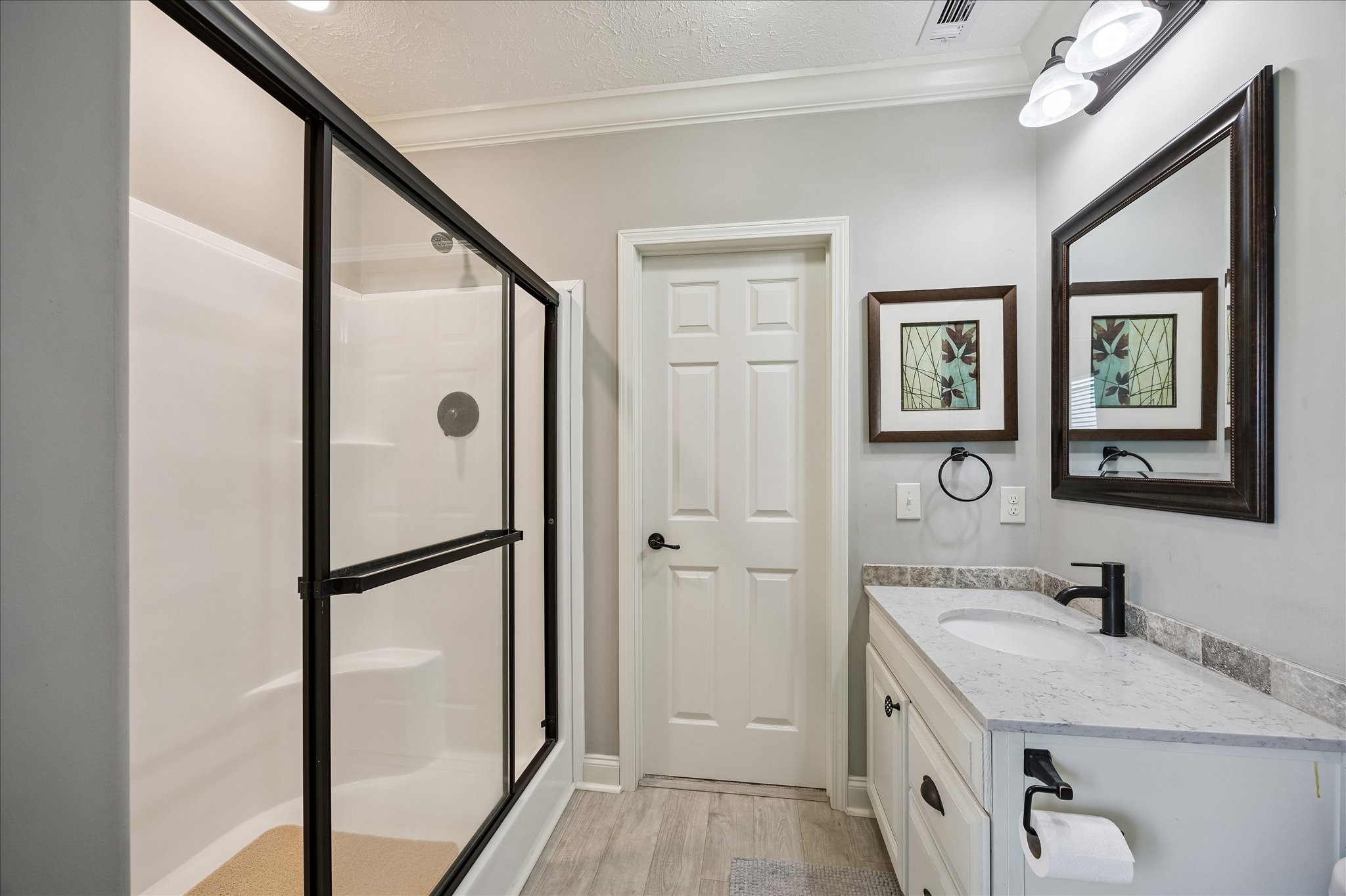 15946 Farm To Market Road 1094 Cat Spring, TX 78933 - Photo 23 of 50 a bathroom with a granite countertop sink mirror vanity and a shower