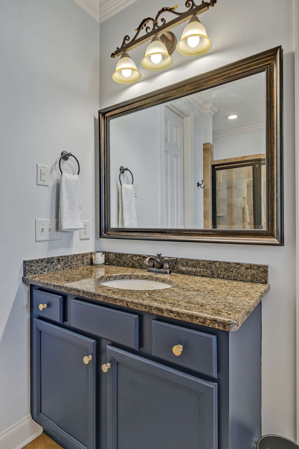 1302 Jewell Avenue Franklin, TN 37064 - Photo 48 of 68 a bathroom with a granite countertop sink a large mirror and a