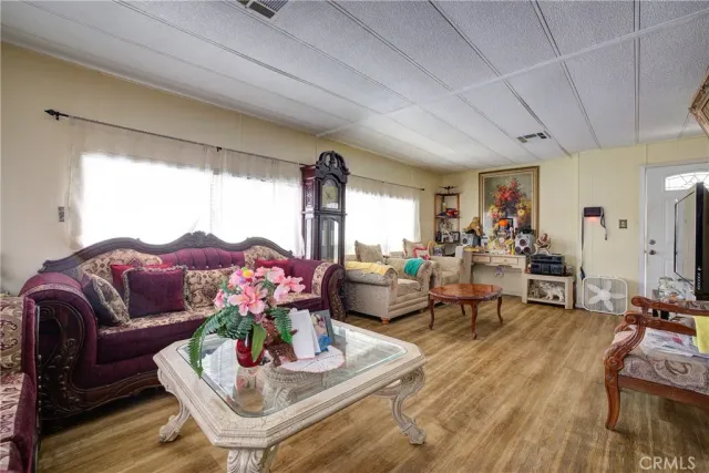 a living room with furniture potted plant and a large window
