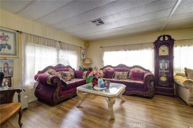 a living room with furniture a rug potted plant and a large window