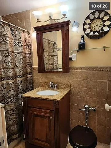 a bathroom with a sink a mirror and a shower curtain