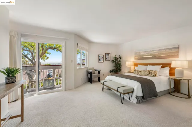 a bedroom with a large bed and a potted plant