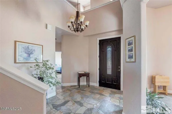 a view of a chandelier in a room