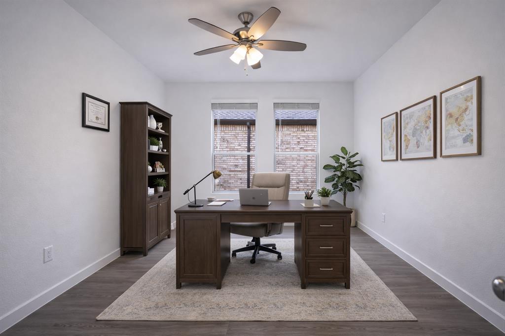 3017 Dutch Road Providence Village, TX 76227 - Photo 14 of 32 Office with ceiling fan and dark wood-style floors