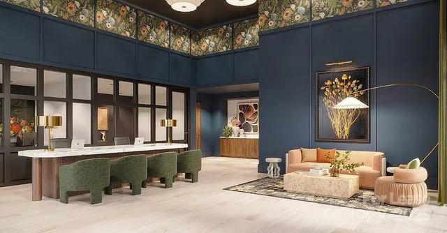 a dining room with furniture and wooden floor