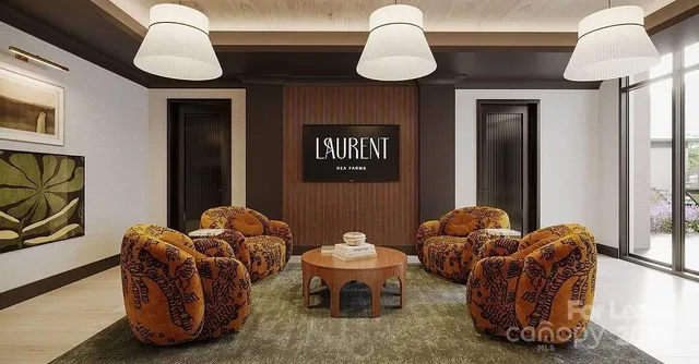 a dining hall with couches a flat tv screen and a dining table with garden view