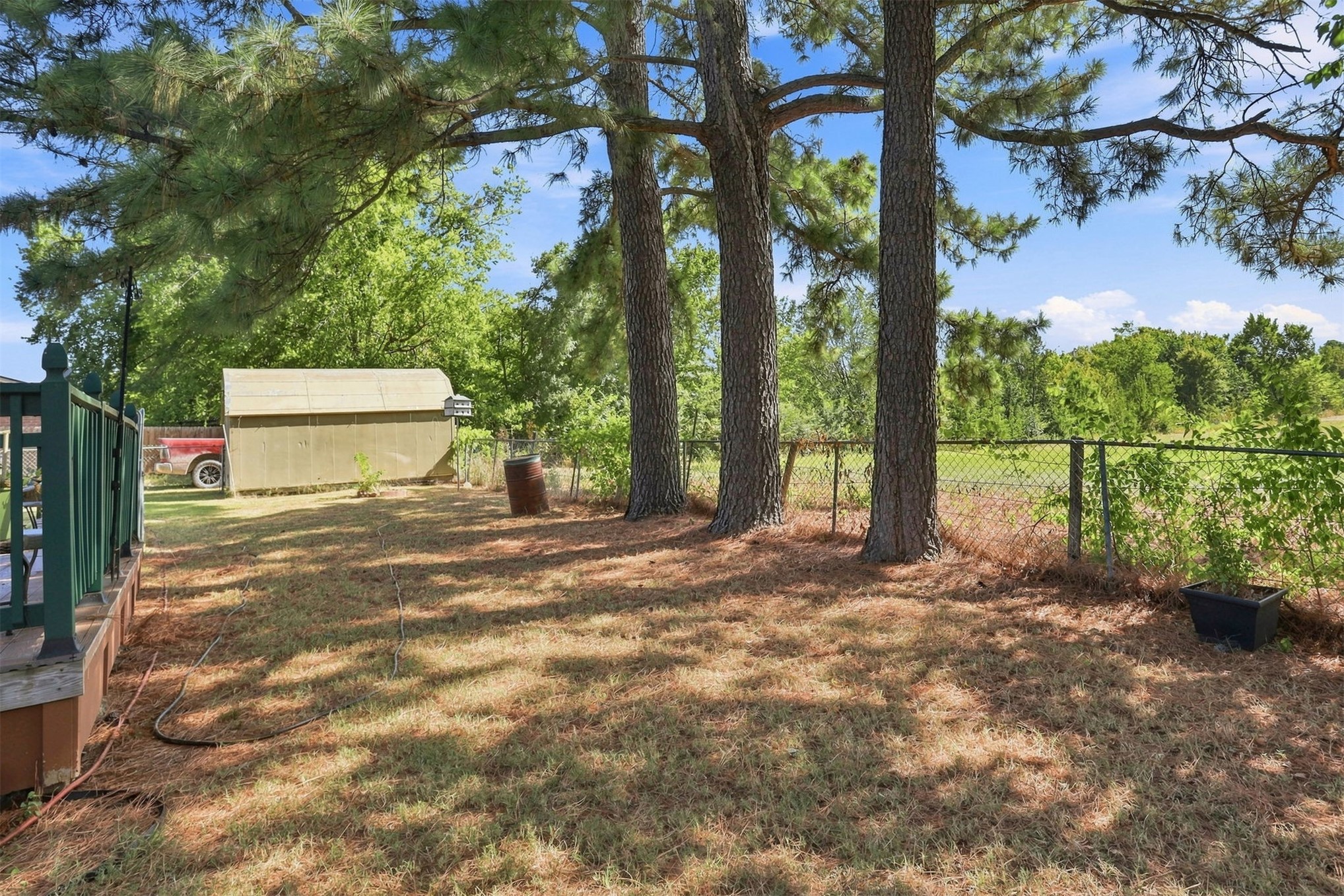 208 West Umstead Colbert, OK 74733 - Photo 22 of 25 Expansive backyard featuring mature trees, a chain-link fence, and a wooden storage shed