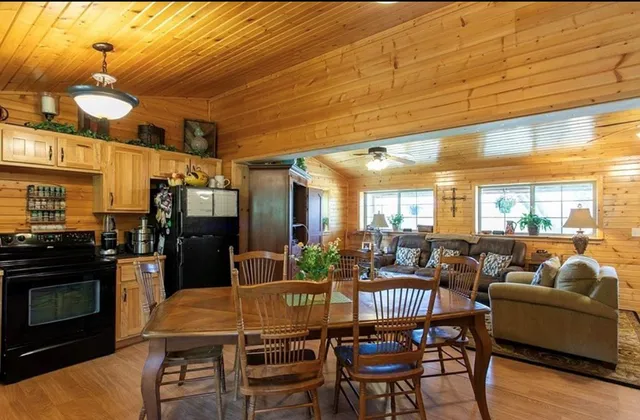 a view of a dining room with furniture