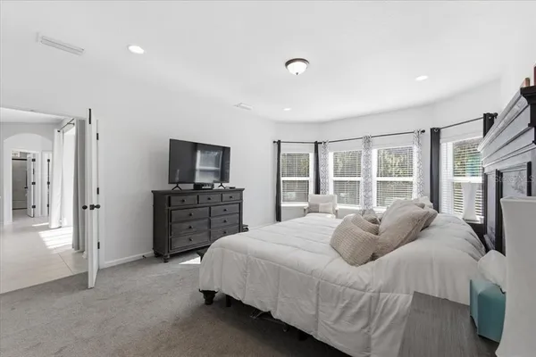 a bedroom with a bed and a television
