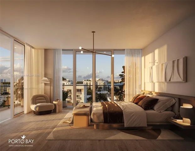 a living room with furniture and large windows