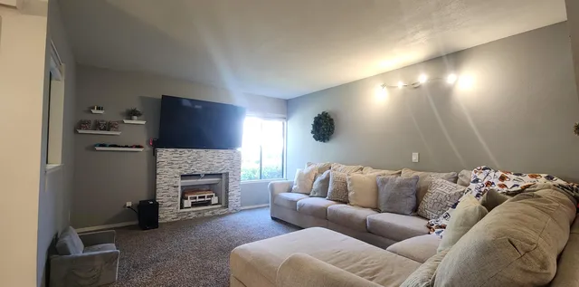 a living room with furniture and a fireplace