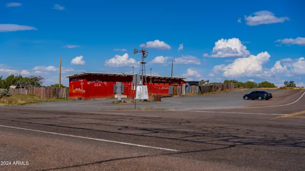 a view of a dry yard with trees in the background