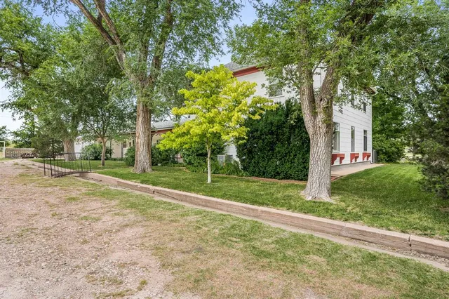 a view of a backyard with large trees