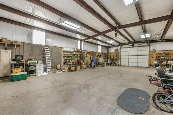 a view of a garage with storage