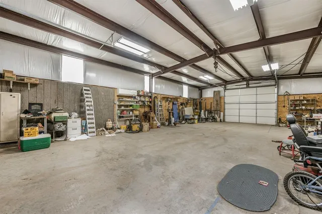a view of a garage with storage
