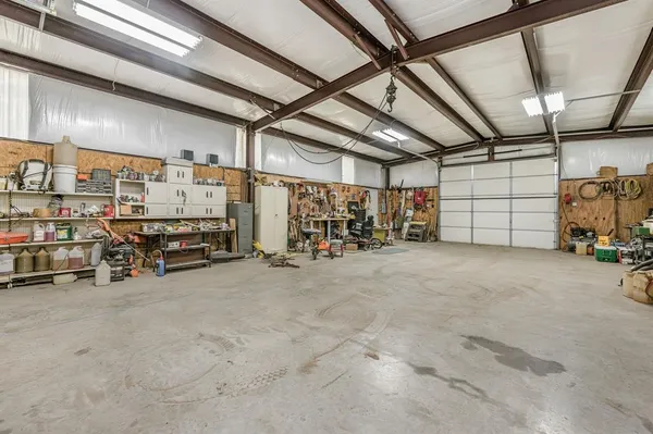 a view of a garage with storage