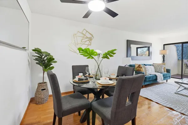 a dining room with furniture potted plants and wooden floor