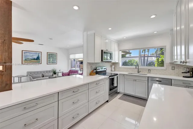 a kitchen with stainless steel appliances a stove sink and microwave