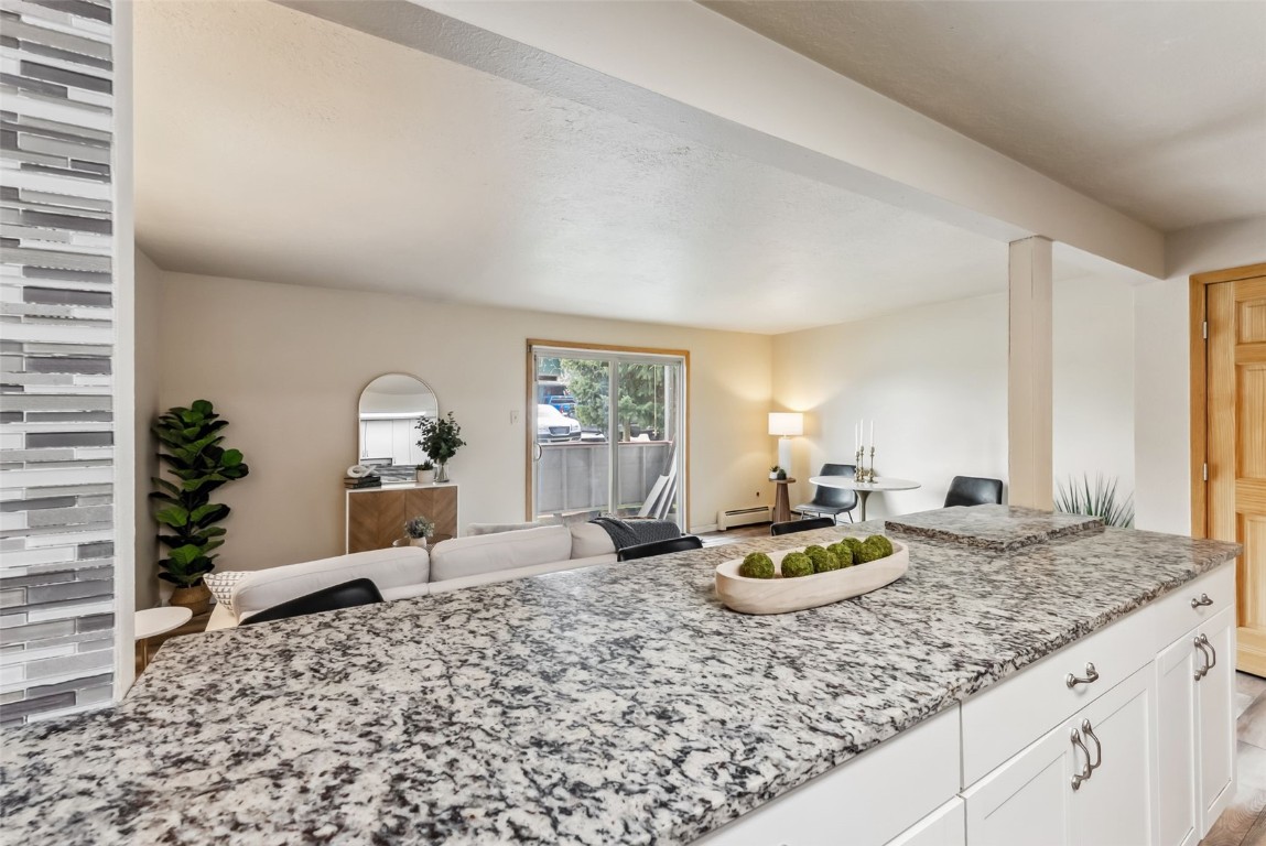 535 Straight Creek Drive, Unit 104 Dillon, CO 80435 - Photo 6 of 30 a living room with granite countertop wooden floor a couch and potted plant