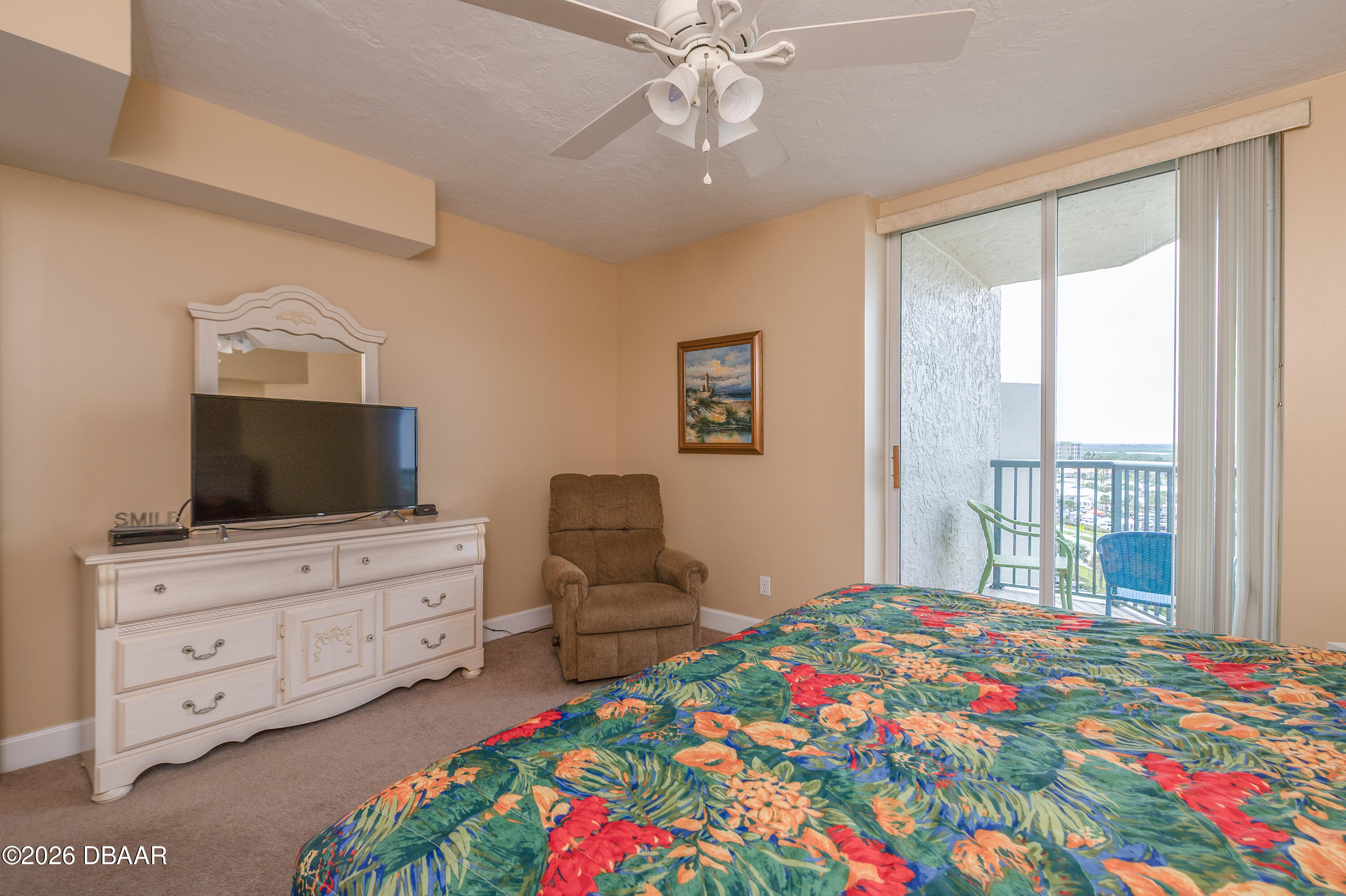 4575 South Atlantic Avenue, Unit 6701 Ponce Inlet, FL 32127 - Photo 26 of 35 a bedroom with a bed and flat screen tv