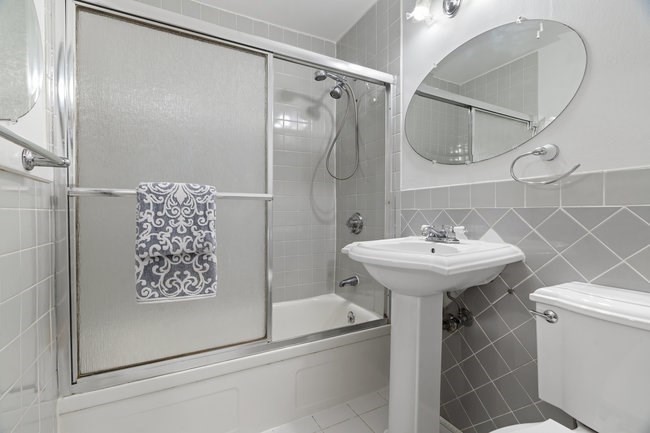 357 Faneuil Street, Unit 12 Boston, MA 02135 - Photo 15 of 15 a bathroom with a sink a mirror a vanity and a shower