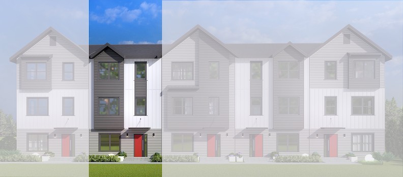 a front view of a residential apartment building with a yard